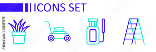 Set line Wooden staircase, Garden sprayer for water, Lawn mower and Plant in pot icon. Vector