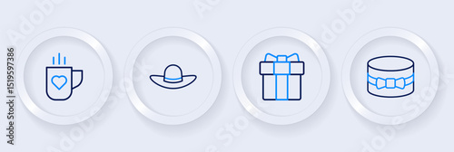 Set line Gift box and heart, Elegant women hat and Coffee cup icon. Vector