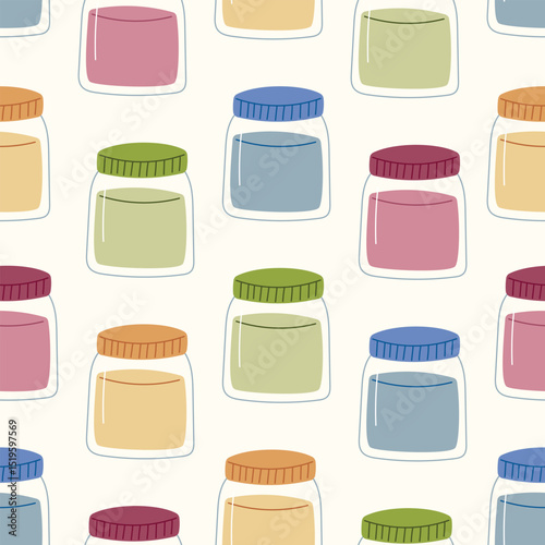Seamless pattern with small glass jars of colorful gouache paint. Vector flat illustration perfect for school supplies, art class materials, creative design projects, and kids stationery.