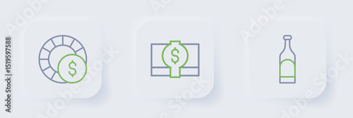 Set line Bottle of wine, Stacks paper money cash and Casino chips icon. Vector