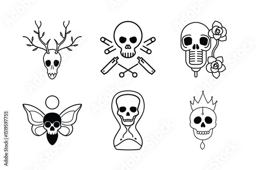 Six unique skull illustrations with different symbolic elements