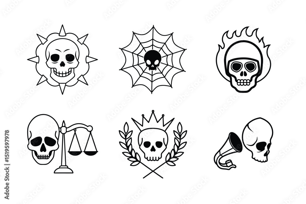 Fototapeta premium Six unique skull illustrations with symbolic elements