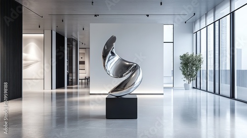 A high-end minimalist industrial showroom with abstract metallic sculptures.