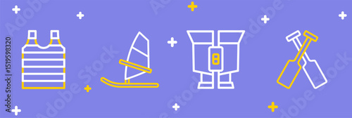 Set line Crossed oars or paddles boat, Binoculars, Windsurfing and Striped sailor t-shirt icon. Vector