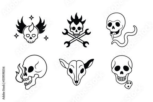 Collection of Six Unique Skull Illustrations in Black and White