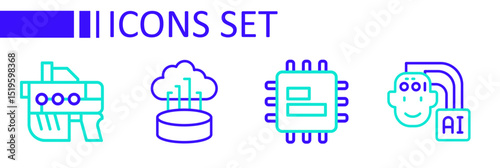 Set line Humanoid robot, Processor CPU, Network cloud connection and Futuristic weapon icon. Vector