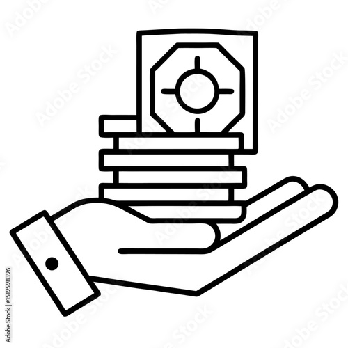 Hand holding stack of coins and a safe icon representing financial security and savings