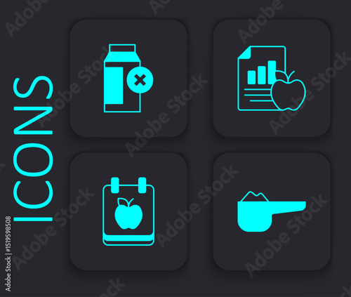Set Sports nutrition proteine, Lactose intolerance, Diet plan and icon. Black square button. Vector
