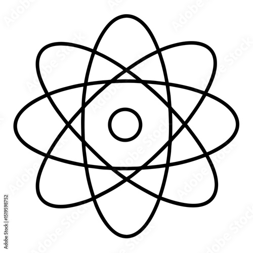 A molecular science symbol, this atomic energy icon on a white background illustrates the fundamental structure of an electron orbit design