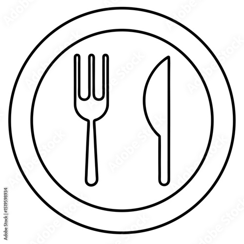 Simple line drawing of plate fork and knife restaurant icon