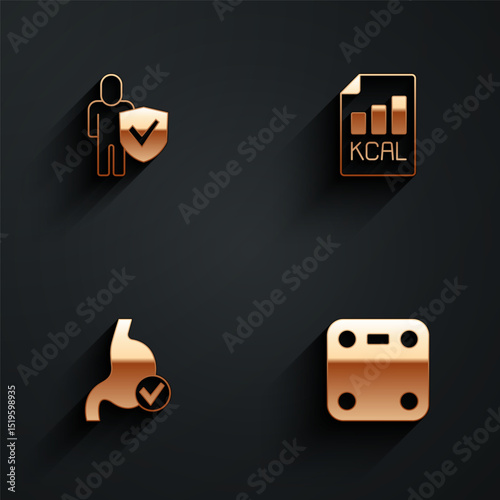 Set Healthy lifestyle, Diet plan, Human stomach health and Bathroom scales icon with long shadow. Vector