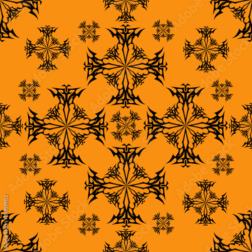 Seamless pattern with abstract black snowflake-like shapes on orange background. Vector illustration for your prints and designs