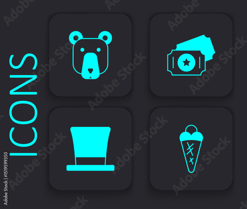 Set Ice cream in waffle, Bear head, Circus ticket and Cylinder hat icon. Black square button. Vector