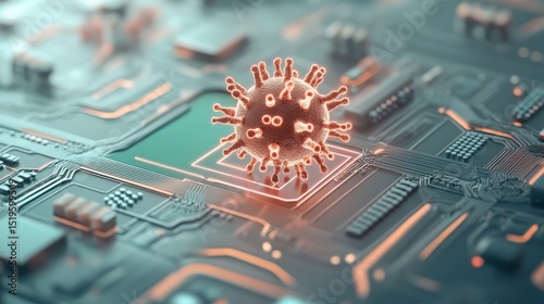 Virus on a circuit board, concept of cybersecurity awareness, digital threat on computer system, protection technology abstract photo