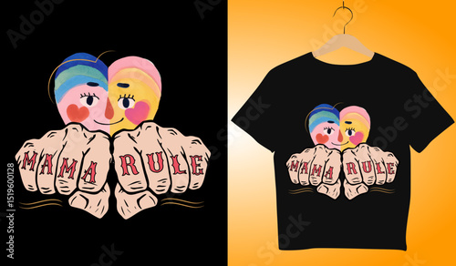 Mama Rule T-Shirt Design: Cartoon Hearts, Tattoo-Style Fists, Mother's Day Apparel, Graphic Tee, Trendy Clothing, Unique Gift for Mom, Black Shirt