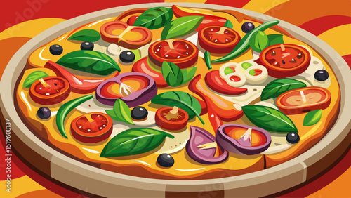 Loaded with colorful bell peppers, olives, mushrooms, red onions, and spinach over a tomato base, captured in a close-up on white, representing a healthy, veggie-packed pizza delight.