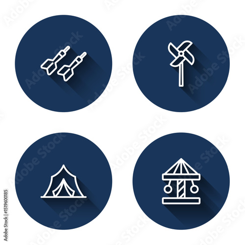 Set line Dart arrow, Pinwheel toy, Circus tent and Attraction carousel with long shadow. Blue circle button. Vector