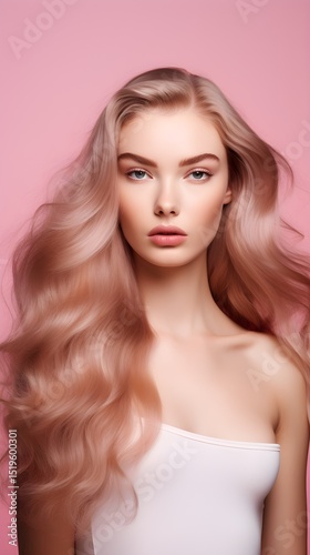 Stunning Woman with Long Wavy Rose Gold Hair Beauty Portrait Pink Background