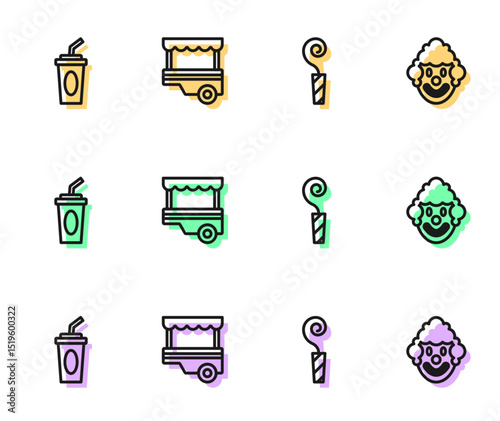 Set line Birthday party horn, Paper glass with water, Fast street food cart and Clown head icon. Vector