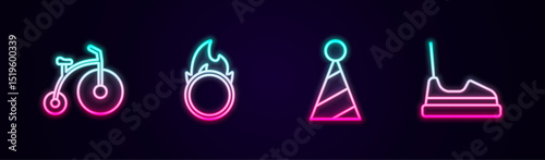 Set line Vintage bicycle, Circus fire hoop, Party hat and Bumper car. Glowing neon icon. Vector