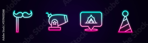Set line Paper mustache on stick, Cannon, Circus tent and Party hat. Glowing neon icon. Vector