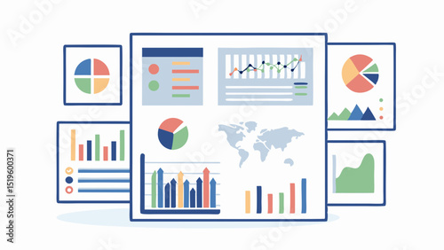 Illustration of data dashboards with various charts including bar pie and line graphs and world map