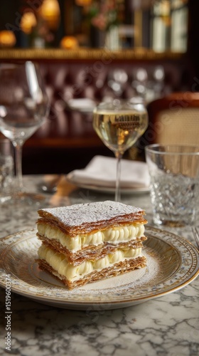 An intricately layered mille-feuille with custard and crisp pastry sheets in a classic French restaurant