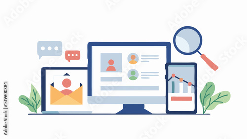 Illustration of digital devices showing profiles, email, charts, and a magnifying glass icon