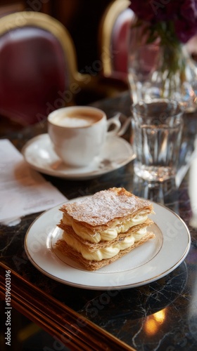 An intricately layered mille-feuille with custard and crisp pastry sheets in a classic French restaurant