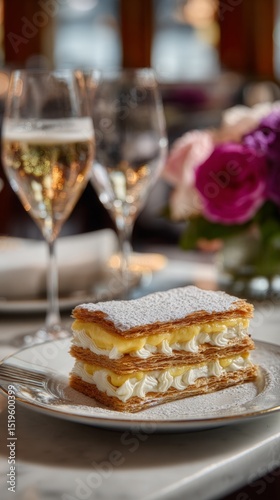 An intricately layered mille-feuille with custard and crisp pastry sheets in a classic French restaurant
