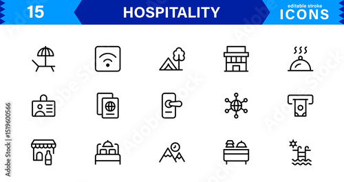 Hospitality Icon Collection with Hotel, Service, Room, Food, and Reception Symbols in Minimalist, Marketable Vector Style for Digital Assets