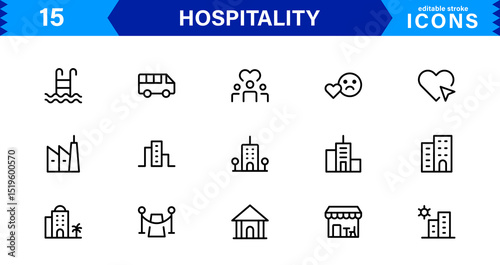 Hospitality Icon Collection with Hotel, Service, Room, Food, and Reception Symbols in Minimalist, Marketable Vector Style for Digital Assets