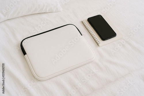 Stylish Minimalist Laptop Sleeve on Bed with Smartphone and Notebook Mockup