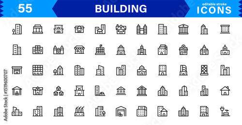 Building Icon Set Representing Construction, Architecture, Tools, Blueprints, and Urban Development in Simple, Download-Ready Vector Format