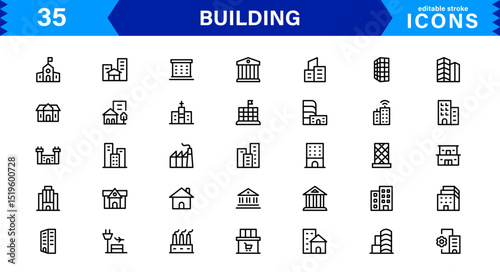 Building Icon Set Representing Construction, Architecture, Tools, Blueprints, and Urban Development in Simple, Download-Ready Vector Format