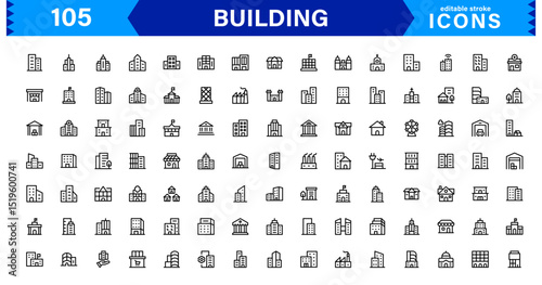 Building Icon Set Representing Construction, Architecture, Tools, Blueprints, and Urban Development in Simple, Download-Ready Vector Format