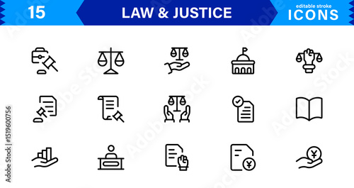 Law & Justice Icon Set Featuring Court, Lawyer, Gavel, Justice Scale, and Legal Concepts in a Clean, Professional Vector Style for Stock Use