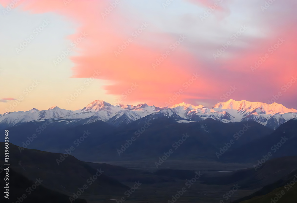 Majestic snowy mountains silhouetted against a vibrant pink and orange sunset sky Majestic snowy mountains silhouetted against a vibrant pink and orange sunset sky