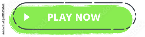 Green rounded rectangle featuring a white play symbol and play now text set against a light green brush stroke background with a double rounded border