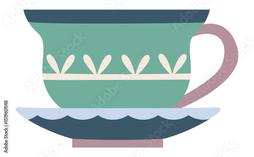 Green teacup with floral decorations standing on saucer, isolated on white background, simple flat design, perfect for breakfast, tea time, and cozy moments