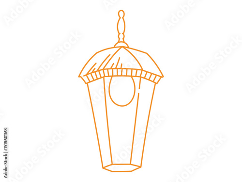 Orange doodle line illustration of a vintage lantern with warm glowing light. Vector hand drawn icon perfect for cozy fairytale designs, magical decorations, or festive creative projects.