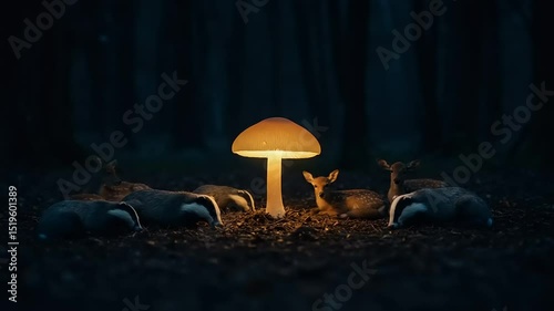 Enchanted forest scene with glowing mushroom surrounded by deer at twilight, serene atmosphere