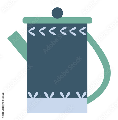 Dark blue coffee pot with a green lid and handle, adorned with light blue leaves, resting on a plain white background, serving as a stylish kitchen utensil for brewing coffee