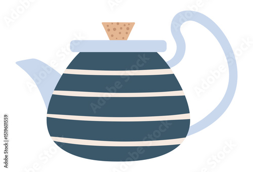 Cozy striped blue teapot with cork stopper, representing teatime, relaxation, and the warmth of a cozy home, perfect for illustrations related to beverages, hospitality, and domestic comfort