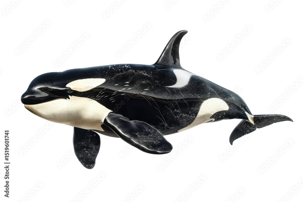 Fototapeta premium Solitary Orca, Marine Predator On White or transparent. Majestic Killer Whale Isolated Against A Dark Background. Wild Animal.