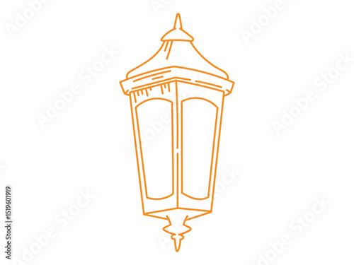Orange doodle line illustration of a vintage lantern with warm glowing light. Vector hand drawn icon perfect for cozy fairytale designs, magical decorations, or festive creative projects.