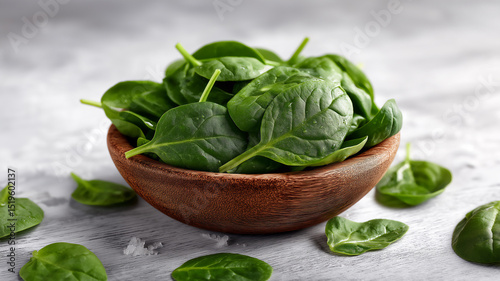 Fresh spinach leaves in a rustic wooden bowl on a white background.