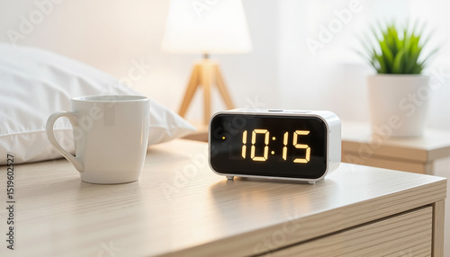 Digital clock and coffee mug on bedside table in cozy bedroom