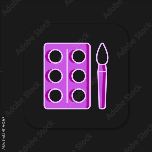 Filled outline Watercolor paints in box with paint brush icon isolated on black background. Flat filled outline style with shadow. Vector