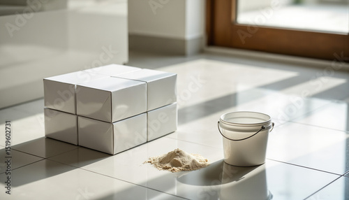 White boxes, powder pile and bucket on tiled floor